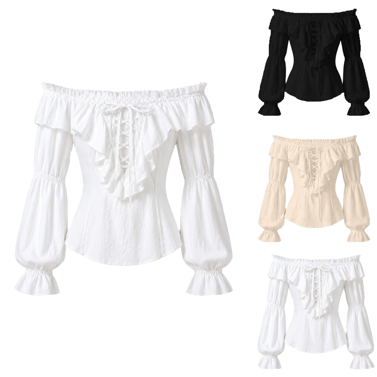Medieval Gothic Lace Up Pirate Shirt - 女性用海賊シャツ ルネサンス ゴシック ラッフル レースアップ ブラウス