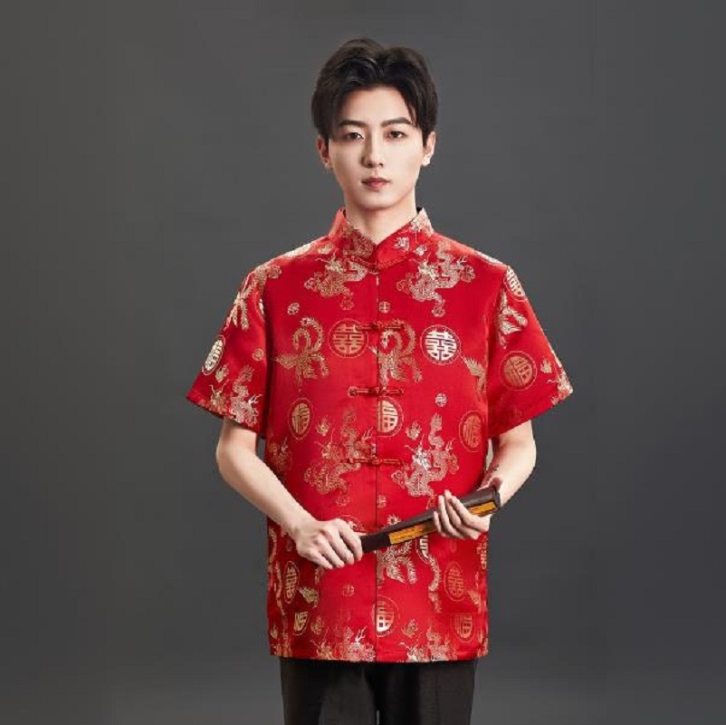 Mens Satin Silk Dress Shirt - 新作中国風刺繍サテンTシャツ、メンズ半袖ジャケット、誕生日パーティー、結婚式、春夏のカジュアルコート。