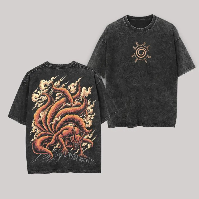 Acid Wash Vintage Graphic T Shirt - 鞍馬Tシャツ九喇嘛ナルトヴィンテージアシッドウォッシュストリートウェア九尾の狐レトロアニメグラフィックメンズTシャツコットントップ2026夏