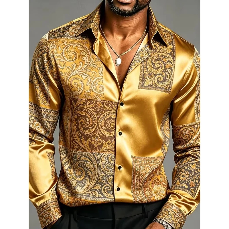サテンシルク長袖バロック花柄プリントメンズドレスシャツスリム - Mens Satin Silk Dress Shirt のレビューと価格